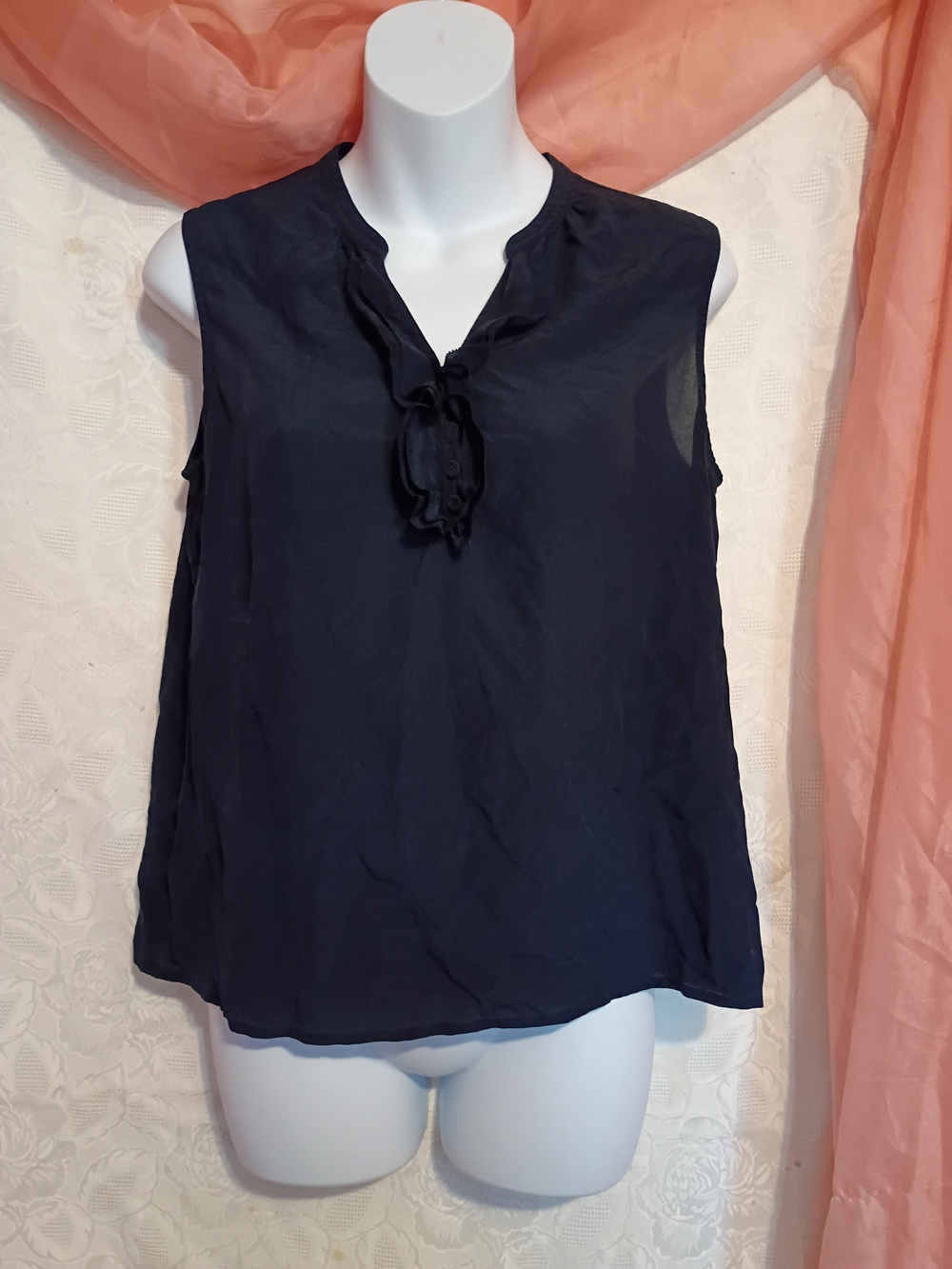 Talbots Ladies 100% Silk Navy Sleeveless Ruffle-Tie Top Sz 10P